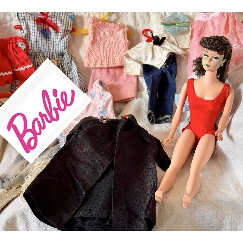 1960s Ponytail #7 or #8 Barbie Red Swimsuit + Wardrobe Black Hair Brunette READ